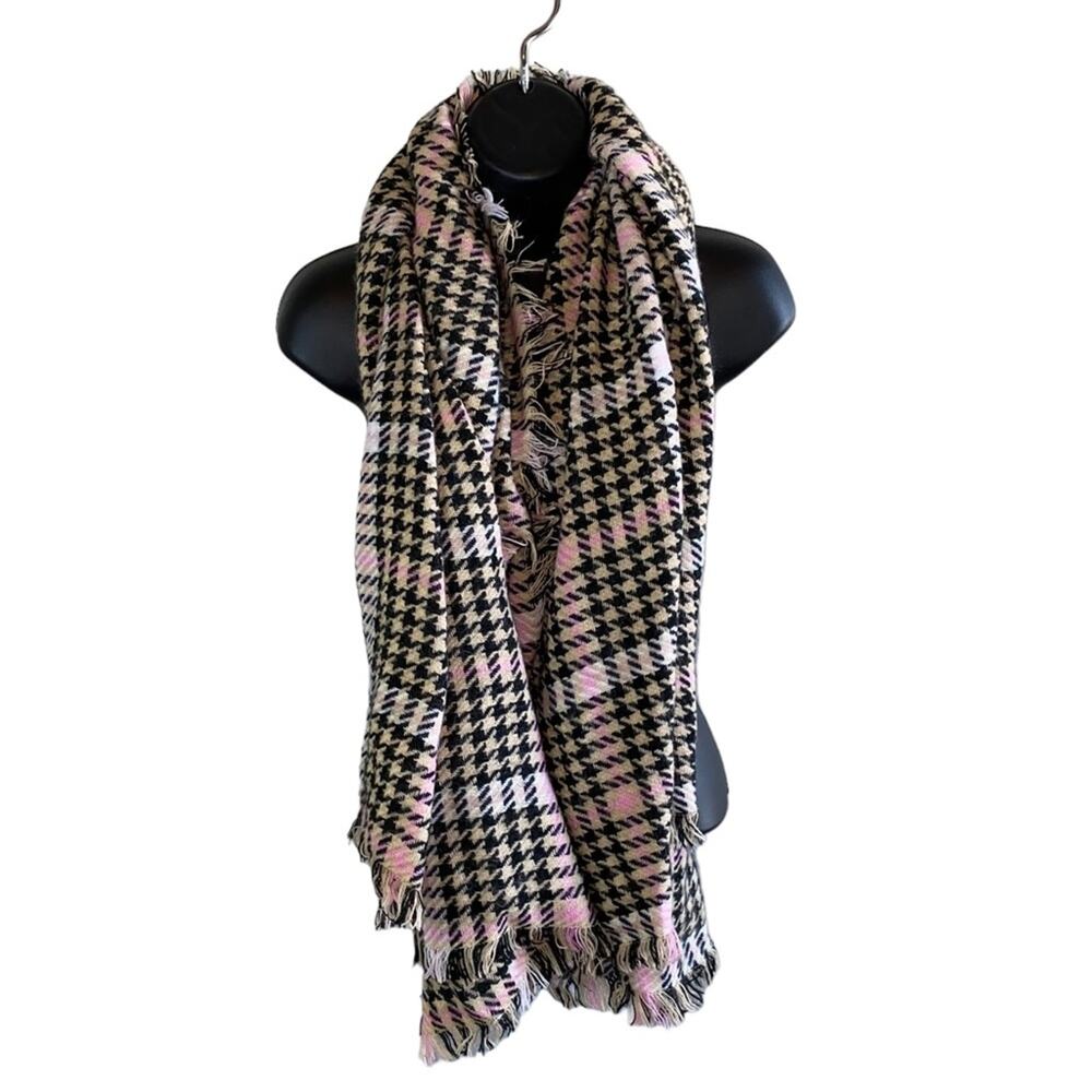 Houndstooth Plaid Fringe Scarf Beige Black Pink Cozy Winter Blanket Scarf